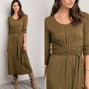 Garnet Hill Ballet Wrap Midi Dress Long Sleeve Moss Green Floral Size Medium